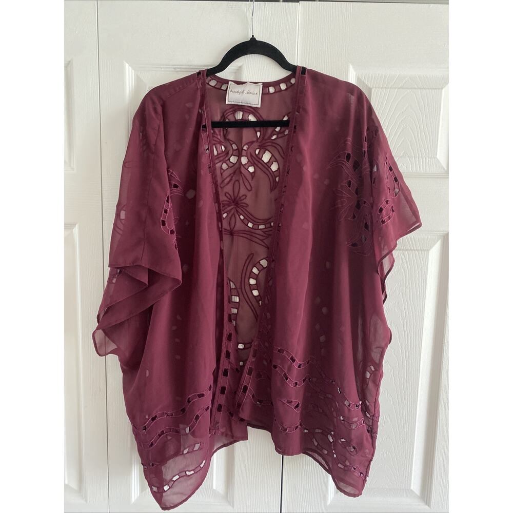 Beautiful Stories Embroidered Kimono Wrap Womens OS Burgundy Boho Sheer Chiffon
